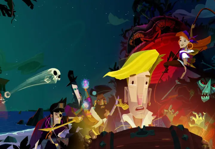 Piraci walczą o skarb, a duch czaszki unosi się nad morzem. Czy to **the secret of Monkey Island**?