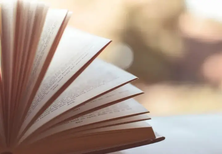 Rozłożona księga, której strony falują, symbolizując synkretyzm w literaturze, gdzie różne wątki splatają się w jedną opowieść.