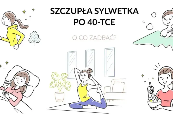 Jak schudnąć po 40. to aktywność fizyczna, zdrowa dieta, relaks i sen. Kobieta biega, ćwiczy jogę, je zdrowo, odpoczywa w wannie i śpi.