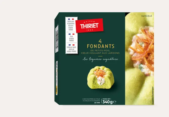Boîte de 4 fondants surgelés Thiriet : petits pois, cœur coulant aux lardons. Une recette savoureuse pour un plat original.
