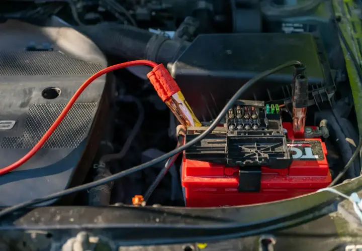 Czerwony i czarny kabel podłączone do akumulatora. Widać, co pokazuje wskaźnik na prostowniku, gdy ładuje się auto.