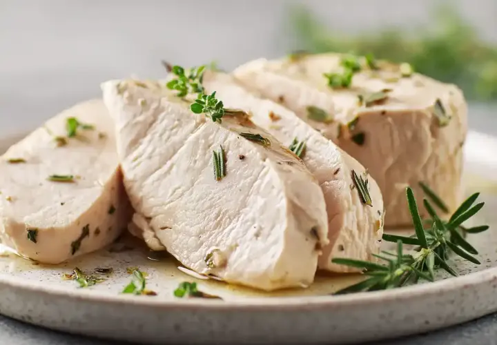 Skivor av saftig kokt kycklingfilé med örter som rosmarin och timjan, serverade på en tallrik.