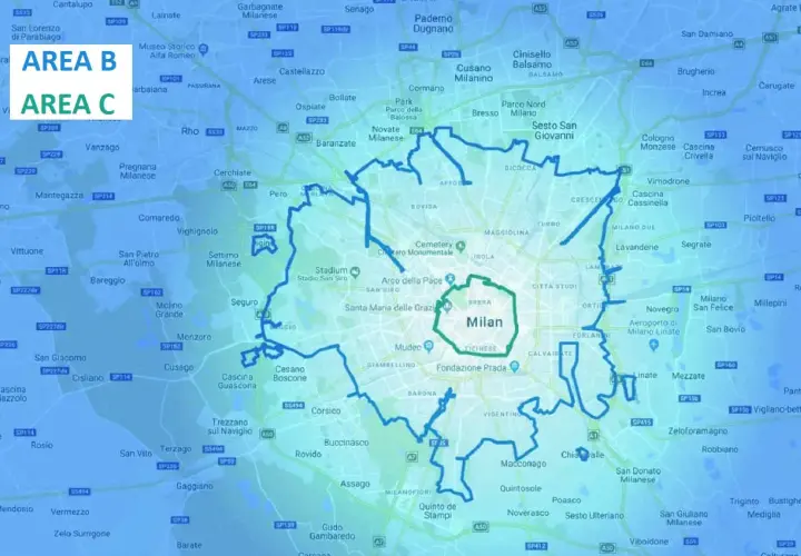 Circolazione euro 5 diesel fino a quando? La mappa mostra le aree B e C di Milano, con i confini delle zone a traffico limitato.
