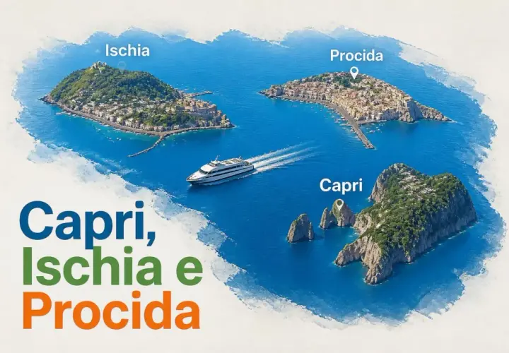 Vue aérienne des îles de Capri, Ischia et Procida dans la baie de Naples. Un bateau navigue entre elles.