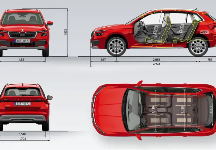 Szczegółowe skoda kamiq wymiary: wysokość 1531 mm, szerokość 1793 mm, długość 4241 mm. Wnętrze oferuje 1051 mm przestrzeni nad głową z przodu i 1003 mm z tyłu.