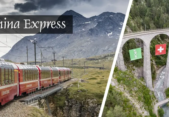 Bernina Express: malownicza trasa i ceny biletów. Widok na czerwony pociąg w górach i kamienny wiadukt z flagami.