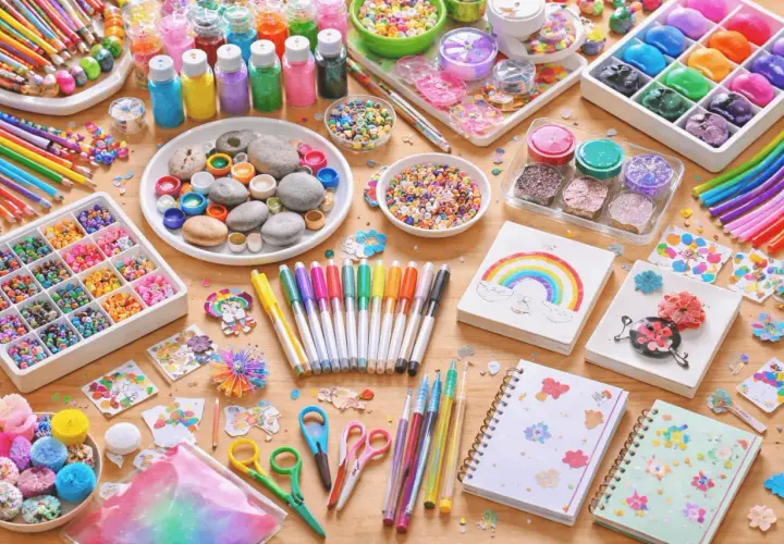 Bunte Bastelmaterialien für kindergeburtstag kreativ: Stifte, Perlen, Glitzer, Steine und Notizbücher laden zum Gestalten ein.