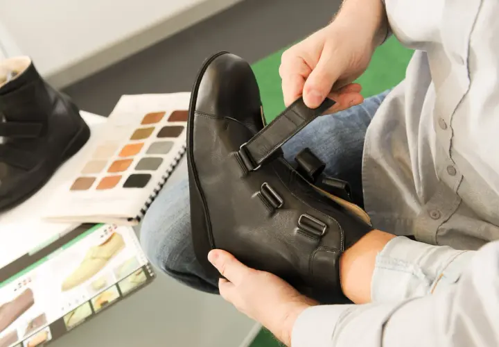 Mann passt orthopädische Schuhe an. Materialmuster und Schuhkatalog liegen bereit. Die orthopädische schuhe kosten sind hier ein wichtiges Thema.