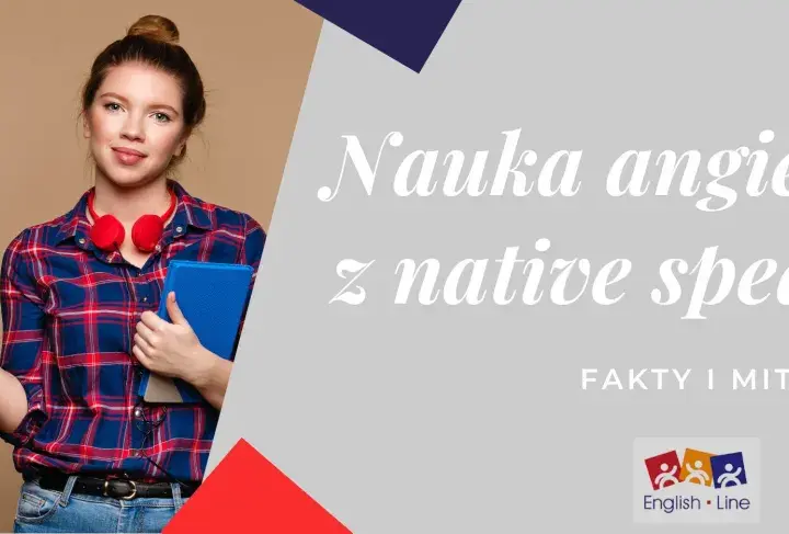 Młoda kobieta z flagą Wielkiej Brytanii i książką. Napis: Nauka angielskiego z native speakerem.