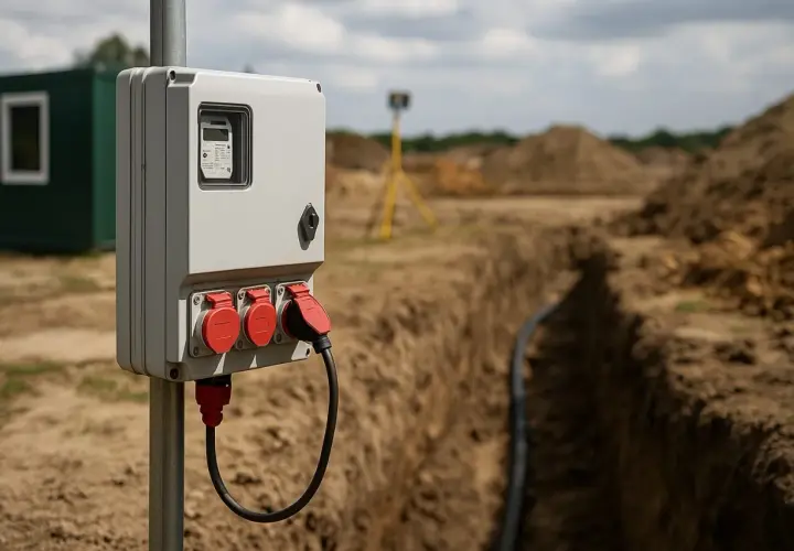 Skrzynka z gniazdami elektrycznymi na budowie, obok wykopu z kablem.