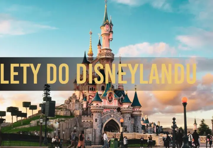 Zamek w Disneylandzie z napisem "Bilety do Disneylandu" na tle nieba.