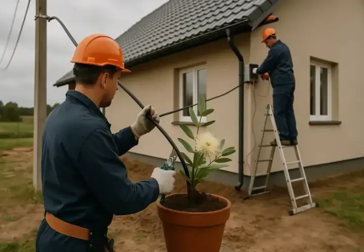 Pracownicy wykonują przyłącze energetyczne do domu. Jeden z nich przygotowuje kabel, drugi pracuje na drabinie przy skrzynce.