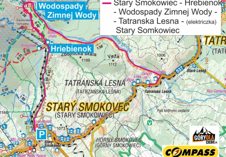 Mapa turystyczna Tatr: stary smokowiec, Hrebienok, Wodospady Zimnej Wody, Tatranská Lesná. Trasy piesze i czas przejścia.