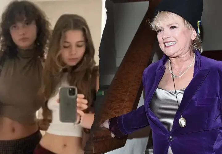 Katarzyna Figura z córkami, młodymi kobietami w modnych stylizacjach. Obok uśmiechnięta aktorka w fioletowym żakiecie.