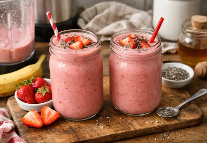 Deux jolis pots de smoothie fraise, garnis de fruits frais et de graines de chia. Un délice fruité prêt à être dégusté !