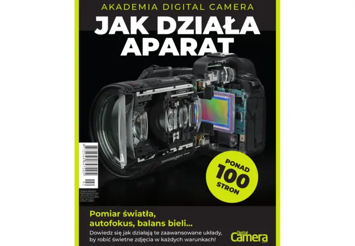 Przekrój aparatu cyfrowego pokazujący jego wnętrze, w tym matrycę i soczewki.