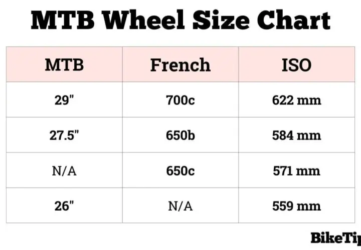MTB wheel size chart showing ISO, French, and MTB sizes. Understanding ETRTO meaning helps decode these measurements for your bike.