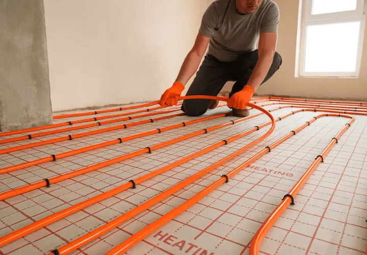 Instalator układa pomarańczowe rury systemu ogrzewania podłogowego na specjalnych panelach.