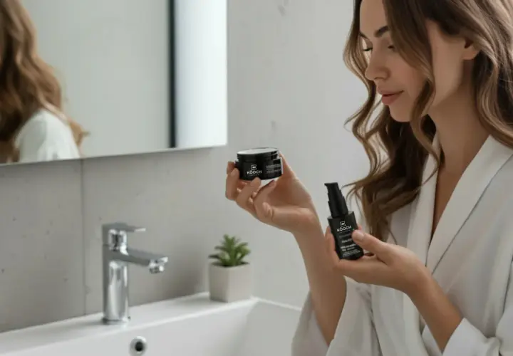 Mujer en bata blanca sosteniendo dos productos de cuidado facial, una crema y un sérum, para su rutina de orden cremas cara.
