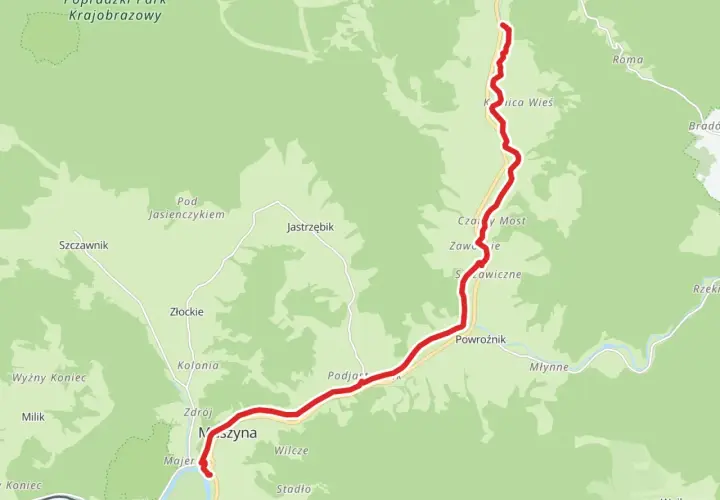 Trasa rowerowa velo dunajec zakliczyn prowadzi przez malownicze tereny, mijając miejscowości takie jak Maszyna, Podjast i Powroźnik.