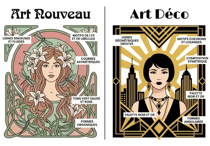 Comparaison entre l'Art Nouveau (femme aux libellules, formes organiques) et l'Art Déco (femme stylisée, lignes géométriques, motif chevron).