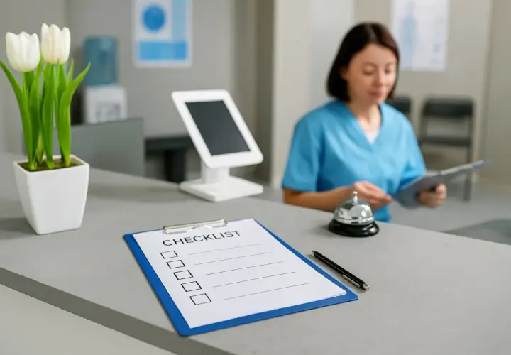 La segretaria poliambulatorio, con camice blu, è al bancone con un foglio e una campanella. Sul bancone, un vaso con tulipani bianchi e una checklist.