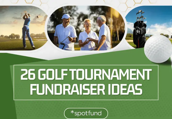 Golf tournament fundraiser ideas: a golfer swings, friends chat, and a golf bag stands ready.