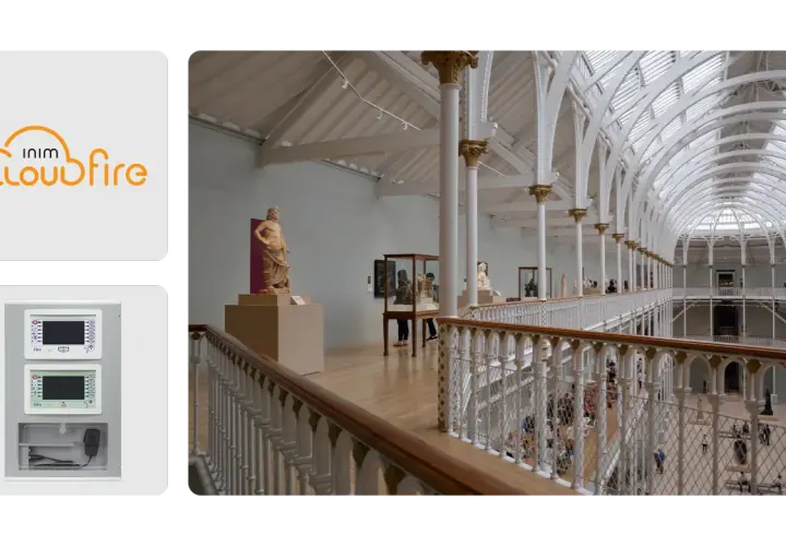 El logo de inim Cloudfire se muestra junto a un panel de control y una vista interior de un museo con estatuas y arquitectura clásica.
