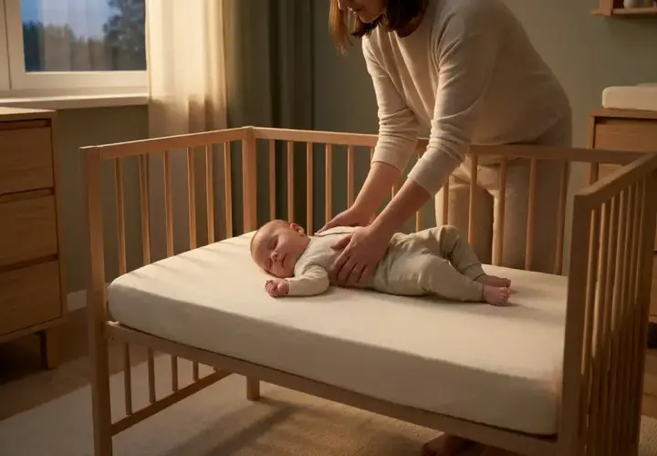 Mama delikatnie kładzie śpiące dziecko do łóżeczka, ucząc je samodzielnego zasypiania.