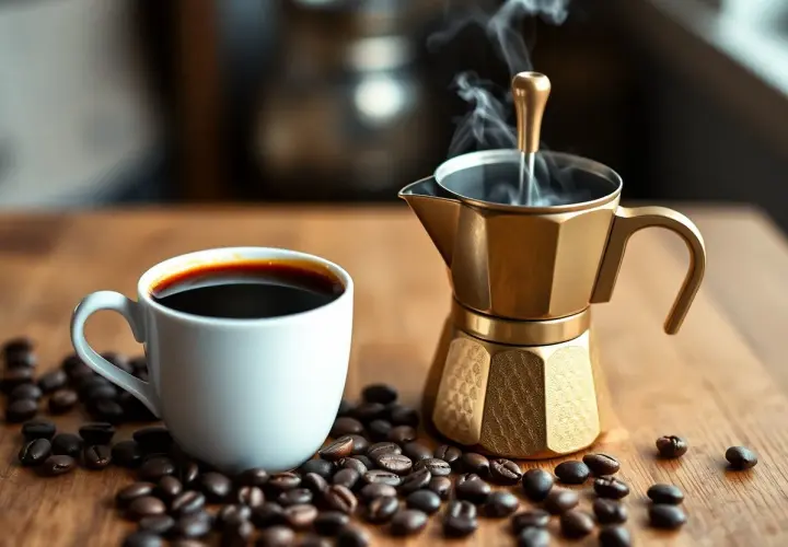 Dampf steigt aus einer goldenen Mokkakanne neben einer Tasse Kaffee und Kaffeebohnen. Ein Genuss für Liebhaber von Mokka vs. Espresso.