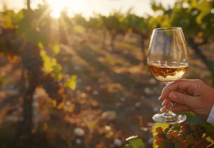 Verre de vin blanc dans un vignoble au coucher du soleil. La crianza vin, fruit de la terre, brille dans la lumière dorée.