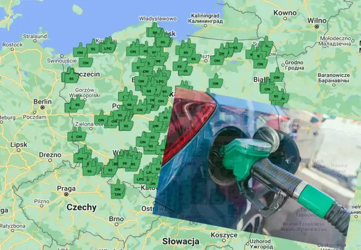 Mapa Polski i okolic z zaznaczonymi stacjami paliw. Widoczny jest dystrybutor paliwa, sugerujący podróż i tankowanie CNG i LPG.