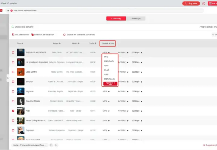 Interface de conversion audio, avec des options de qualité audio comme MP3, M4A, WAV, FLAC, AIFF, masterisé pour Apple.