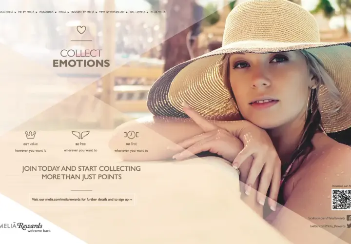 Mujer con sombrero de paja disfruta del sol, invitando a coleccionar emociones con MeliáRewards.
