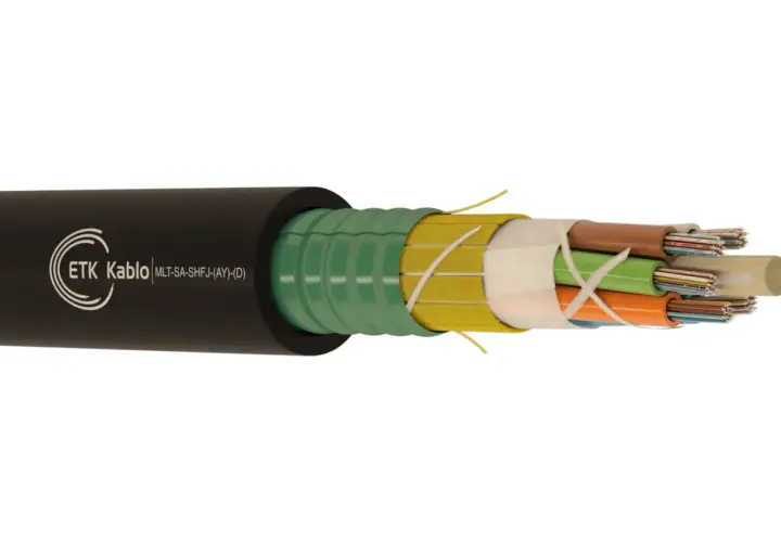 Corte transversal de un cable lszh con múltiples conductores de colores, envueltos en capas protectoras y una cubierta exterior negra.