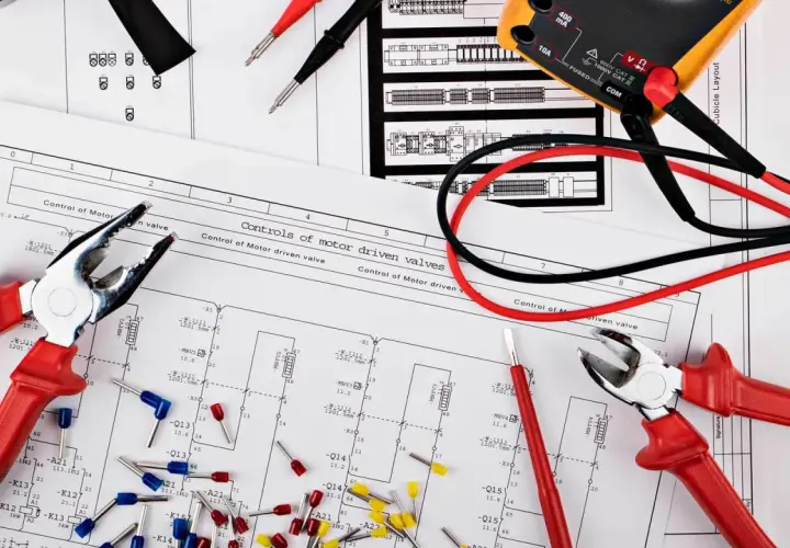 Narzędzia i schemat instalacji elektrycznej w domu. Multimetr, kombinerki i złączki czekają na montaż.