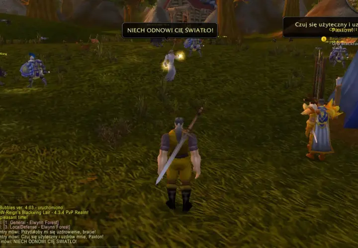 Gracz w grze WoW, z polskim dodatkiem "wow po polsku addon", otrzymuje wiadomość: "NIECH ODNOWI CIĘ ŚWIATŁO!".