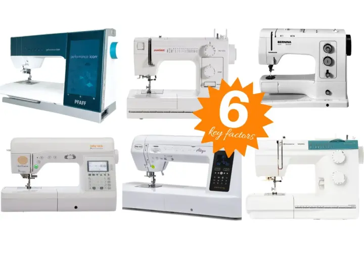 Six sewing machines from brands like Pfaff, Janome, and Bernina are shown, illustrating key factors for how to buy a sewing machine.