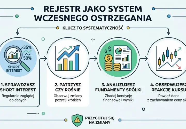 Schemat analizy pozycji krótkich: sprawdź short interest, obserwuj jego wzrost, analizuj fundamenty spółki i reakcję kursu.