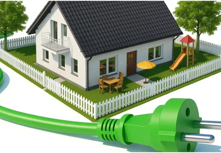 Zielony kabel z wtyczką otacza dom z placem zabaw. To symbol magazynu ciepła i ekologicznej energii dla domu.
