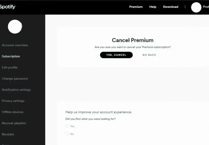 Potwierdzenie rezygnacji z Spotify Premium. Kliknij "YES, CANCEL", aby zakończyć subskrypcję.