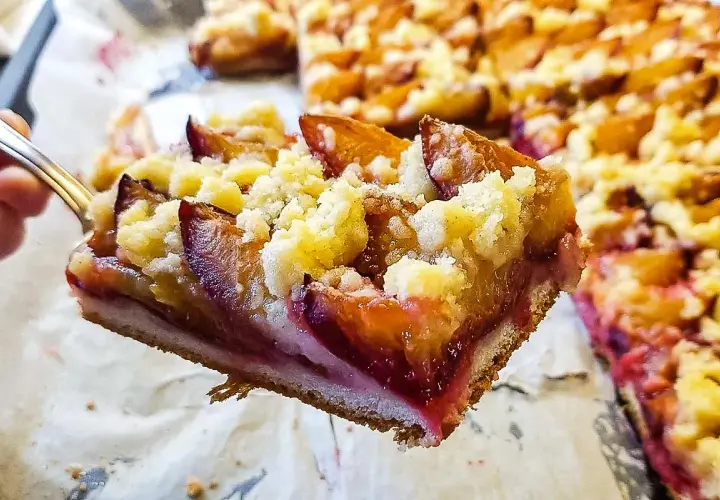 Ein Stück saftiger Zwetschgenkuchen mit Streuseln auf Hefeteig. Perfekt für das nächste Blech.