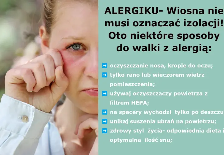 Dziewczyna z zaczerwienionym okiem, cierpiąca na alergię na pyłki. Wiosna nie musi oznaczać izolacji! Oto sposoby na walkę z alergią.