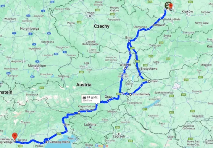  Polska Włochy trasa samochodowa - mapa i szczegóły podróży