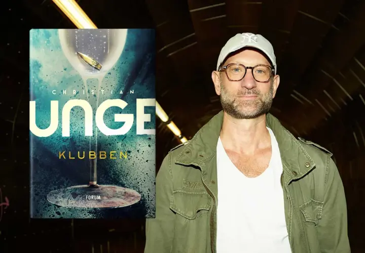 Christian Unge, författare till "Klubben", med en bokomslag som visar en kula i ett glas.