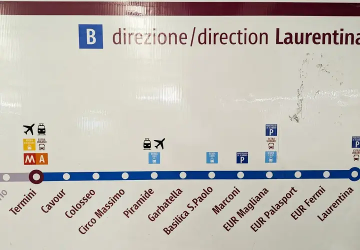 Plan du métro B à Rome, direction Laurentina. Il indique les stations et les correspondances possibles.