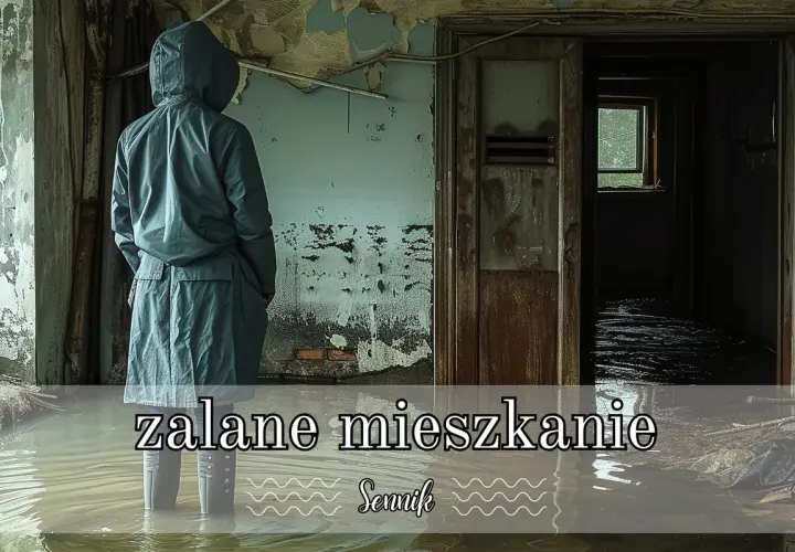 Osoba w płaszczu stoi w zalanej piwnicy. Woda sięga do kolan, a ściany są zniszczone. To symboliczny obraz, jakby sen o zalanej piwnicy.