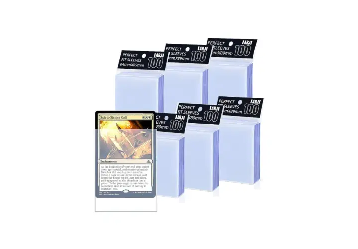 A Magic: The Gathering card, "Spirit-Sisters Call," is shown next to several stacks of clear, perfect fit card sleeves.