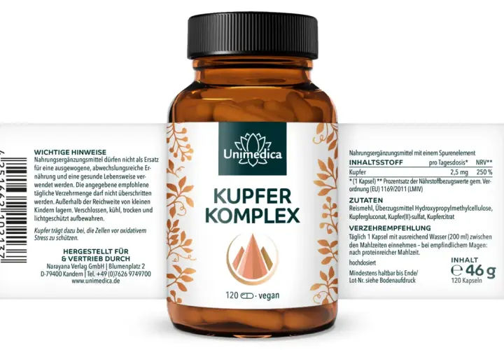 Flasche mit Kupfer Komplex Kapseln. Kupfer unterstützt den Schutz der Zellen vor oxidativem Stress. Täglich 1 Kapsel einnehmen.
