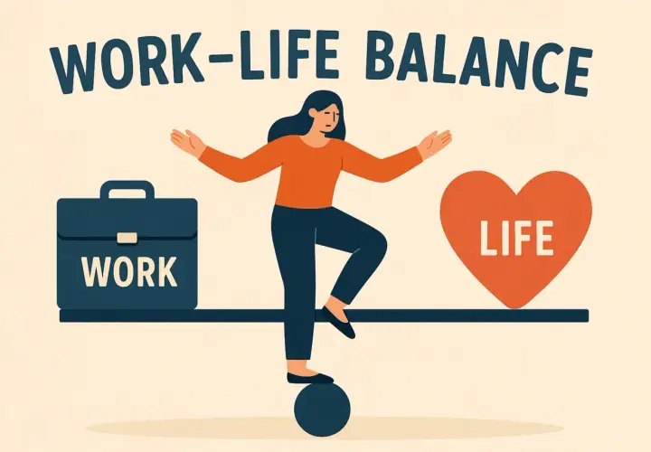 Ilustracja symbolizująca work-life balance: kobieta balansuje na kuli, między teczką "WORK" a sercem "LIFE".